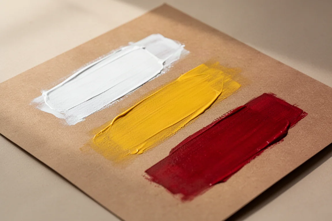 Échantillons de peinture sur papier beige teinté montrant un fort contraste