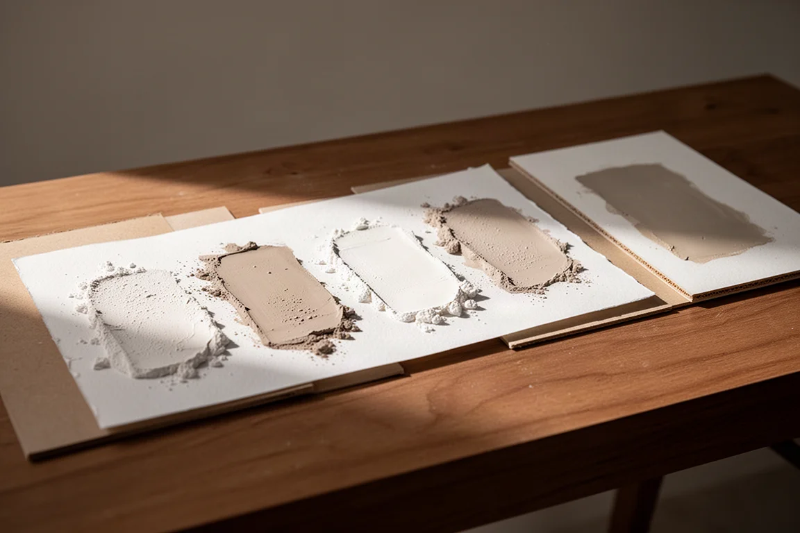 Échantillons de gouache séchée à la finition mate et crayeuse sur un bureau