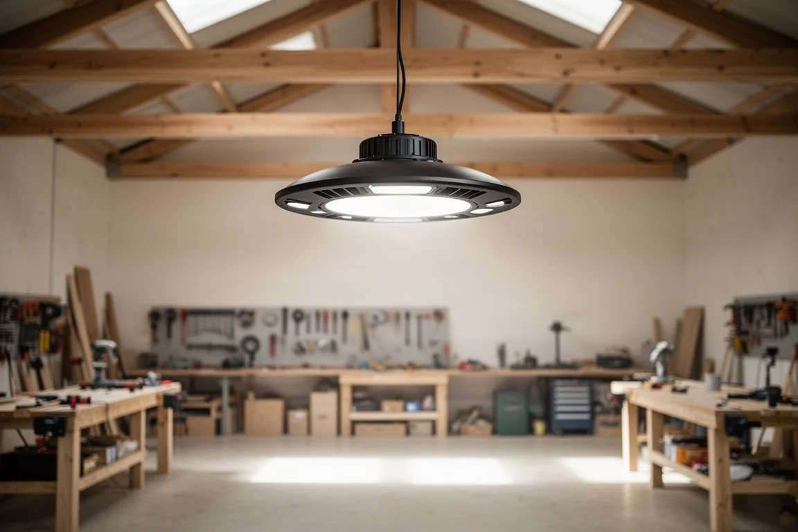 Okrągła lampa high bay UFO wisząca w warsztacie o wysokim suficie