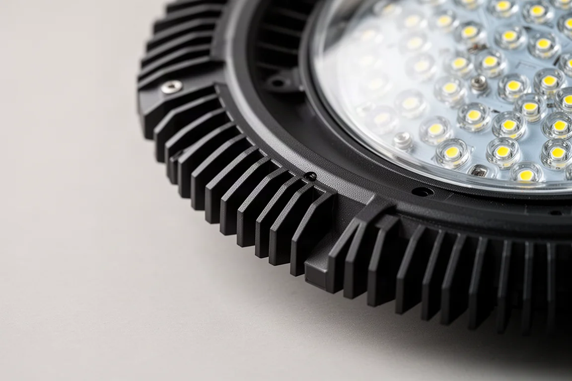 Zbliżenie na aluminiowy żebrowany radiator ciepła okrągłej lampy LED high bay