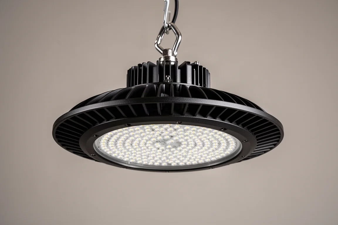 Round black UFO-style LED high bay light hanging on grey backdrop