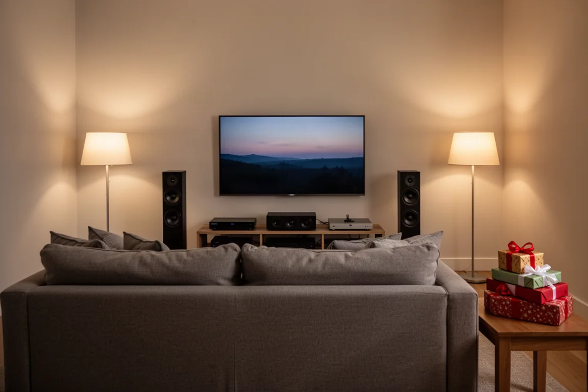 Sala de estar con luz cálida al atardecer con un equipo de sonido envolvente y regalos envueltos