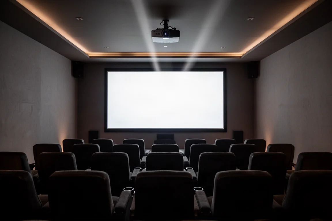 Cine en casa con poca luz, una gran pantalla brillante y asientos oscuros