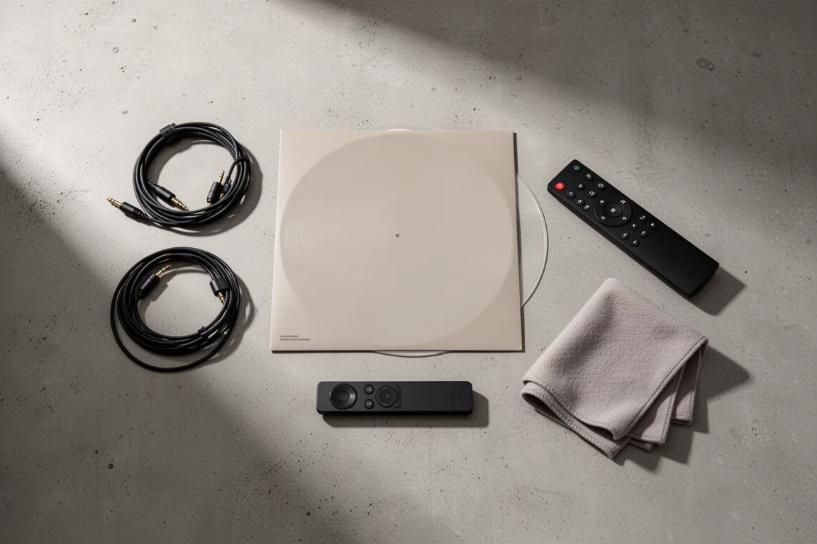 Vista cenital de accesorios de audio sobre hormigón con una funda de disco y un cable