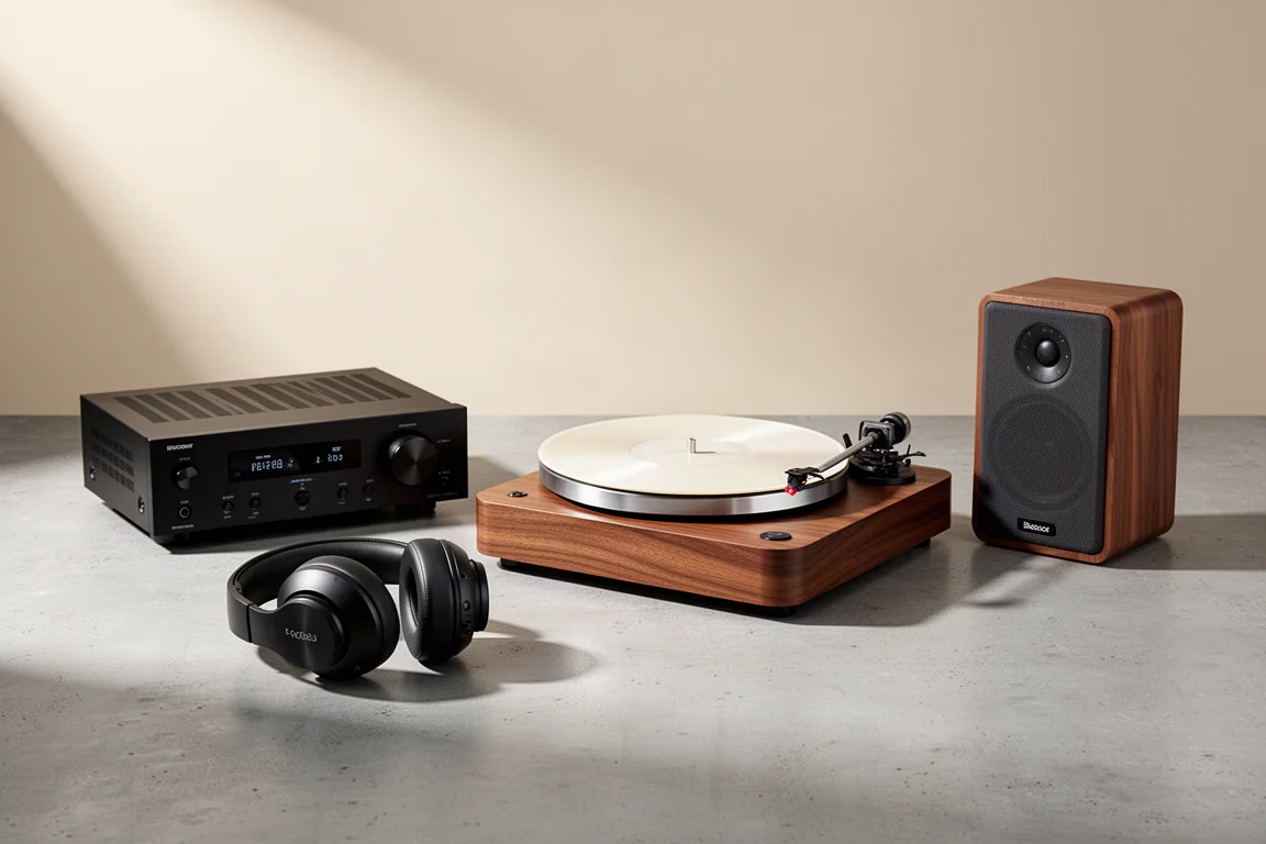 Audio gift guide arrangement of receiver, turntable, headphones and desktop speaker