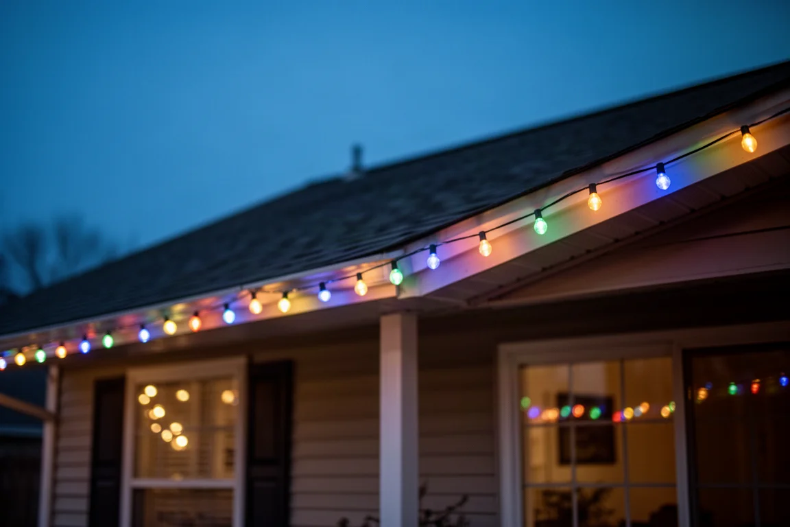 RGB-LED-Lichterkette leuchtet in der Dämmerung entlang der Dachtraufe eines Hauses