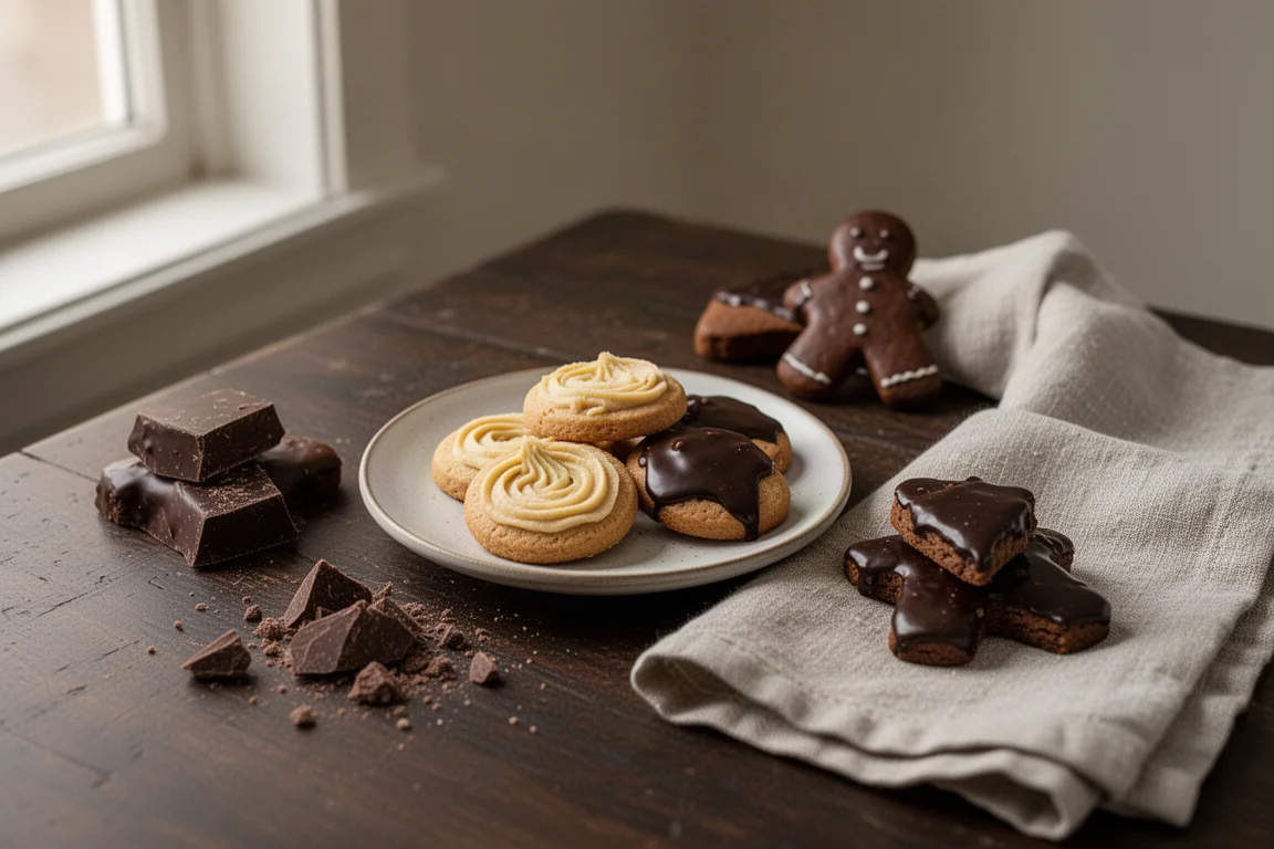 Feierliche Weihnachtsplätzchen und Lebkuchen auf einem dunklen Holztisch arrangiert
