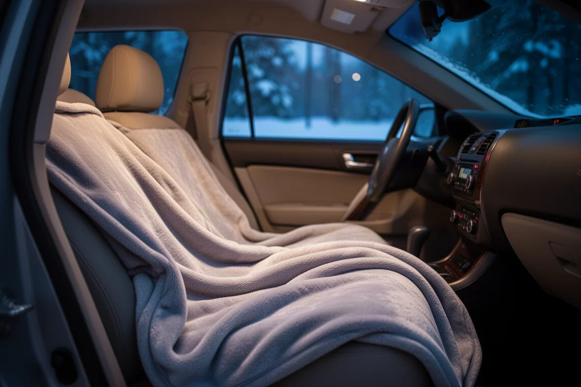 Beheizbare Decke über einem Autossitz auf einer Winter-Autofahrt drapiert