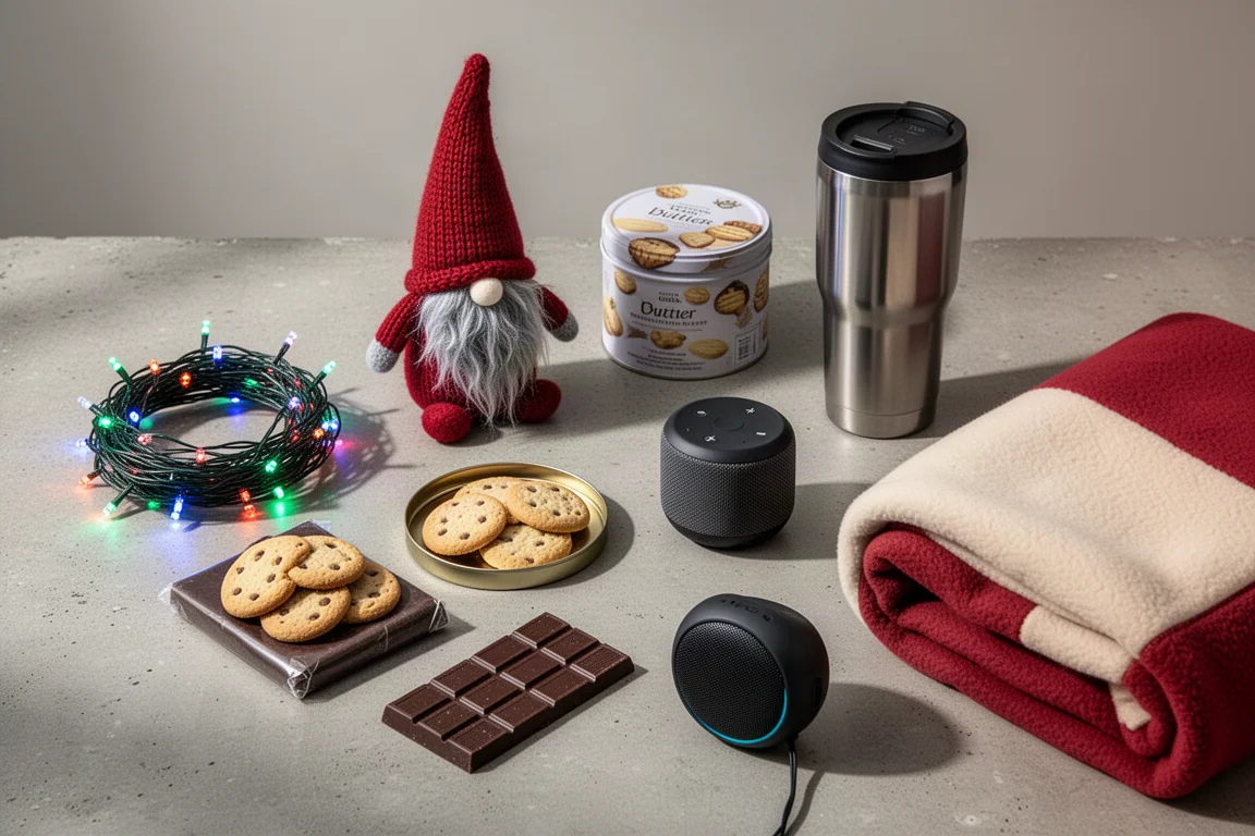 Flat-lay of holiday gift items including string lights, a gnome, cookies, a speaker, and a tumbler