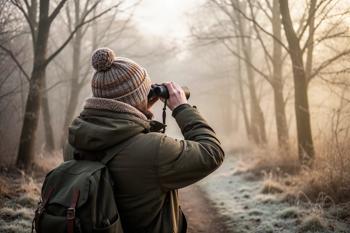Birdwatcher con cappotto invernale che tiene un binocolo su un sentiero gelato