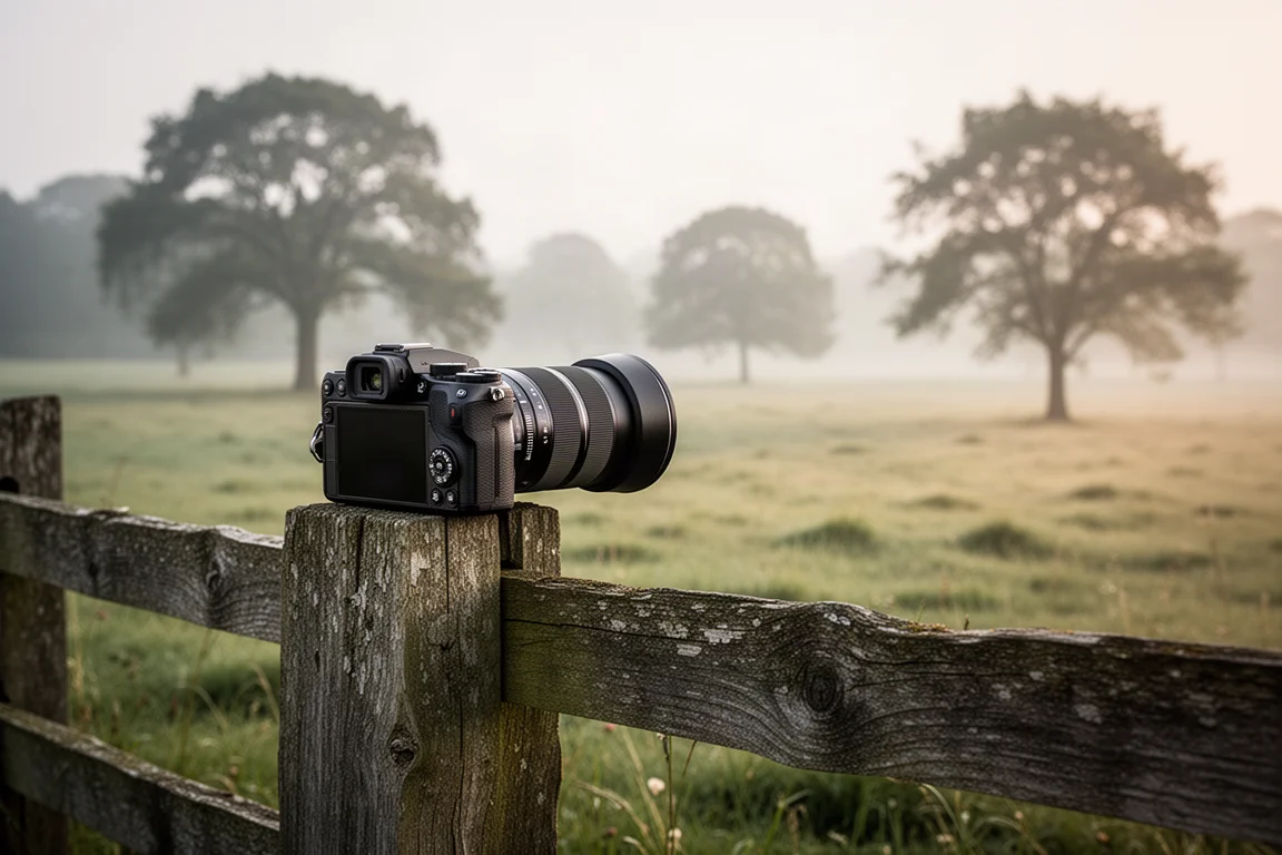 Fotocamera superzoom compatta appoggiata su una staccionata di legno che domina un campo