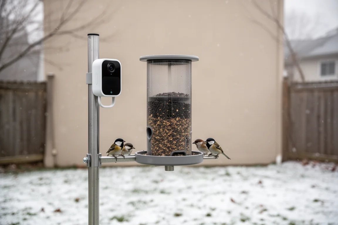 Mangiatoia intelligente per uccelli montata su un palo in un giardino innevato