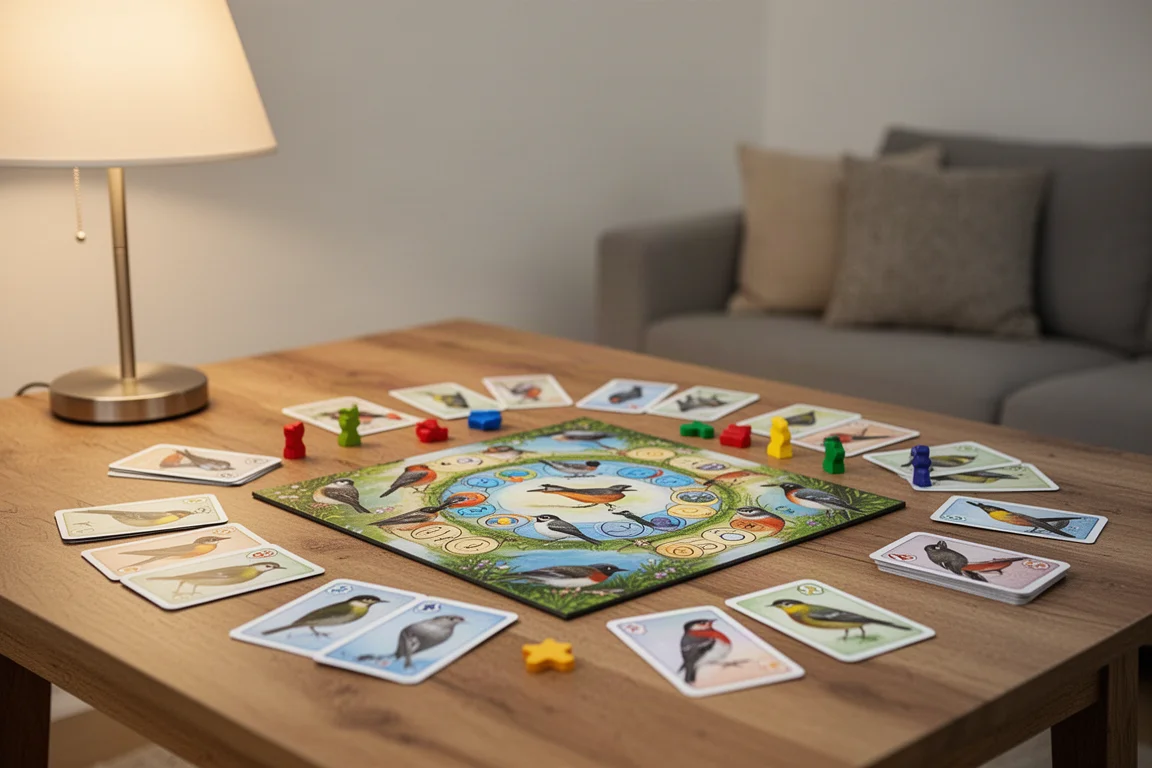 Gioco da tavolo sugli uccelli disposto su un tavolo di legno in famiglia