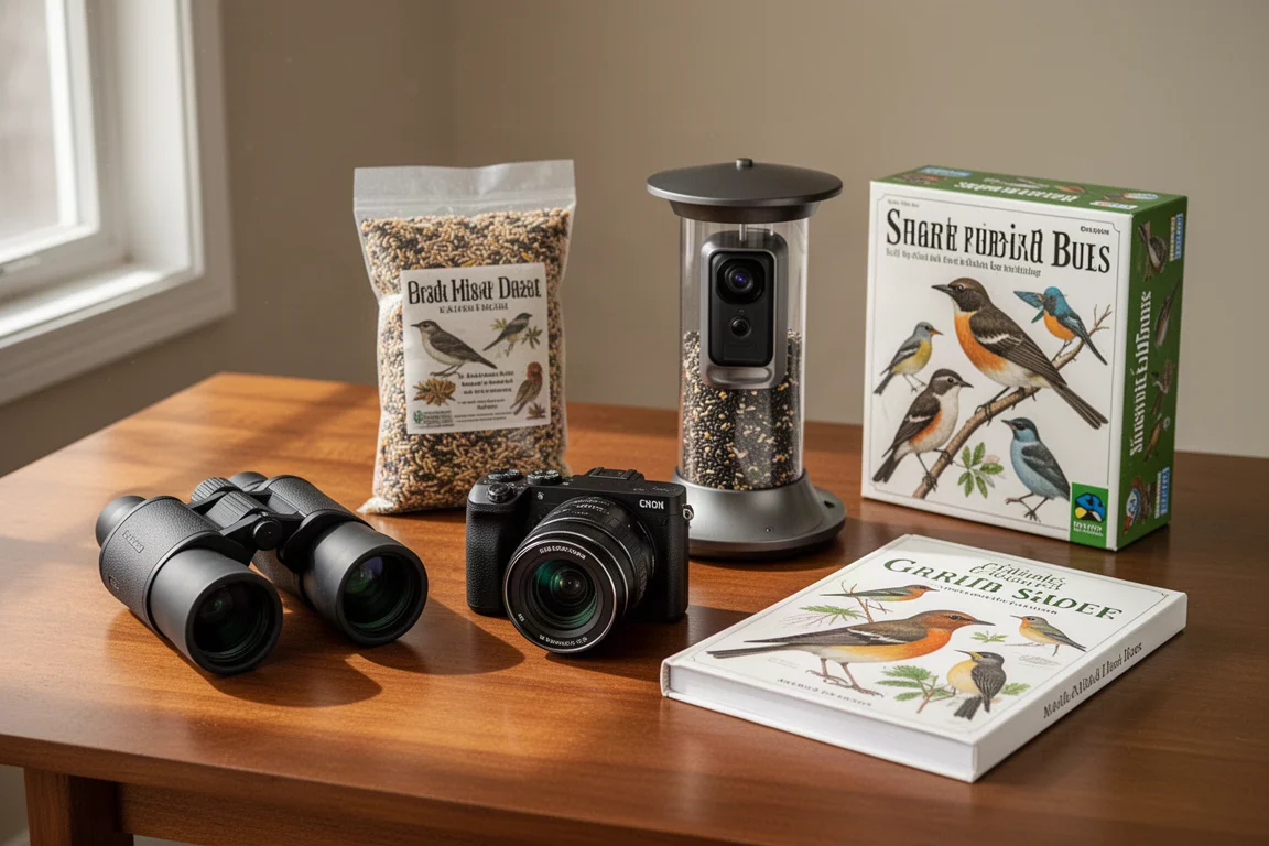 Flat-lay of birding gifts including binoculars, camera, bird feeder, seed, and a board game