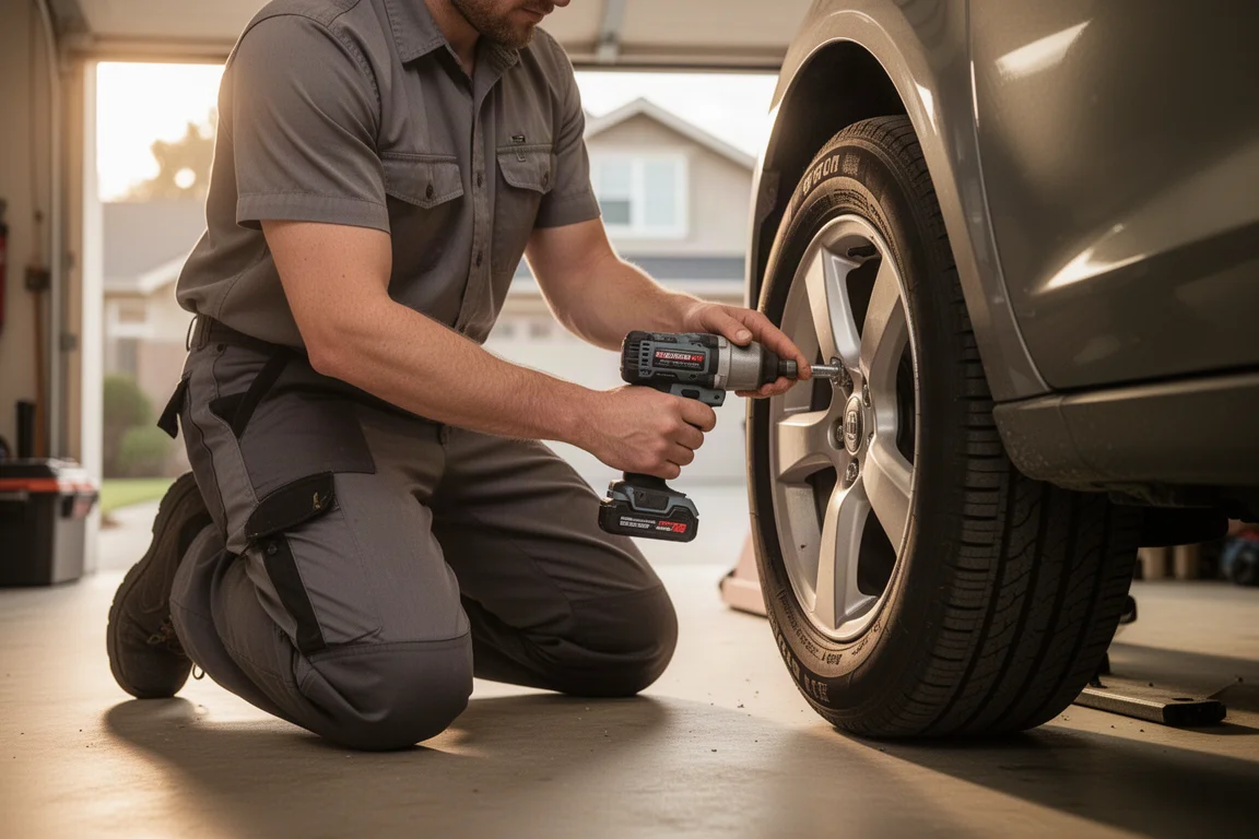 Monteur draait een wielmoer los met een accu-impact driver in een thuiskarwei