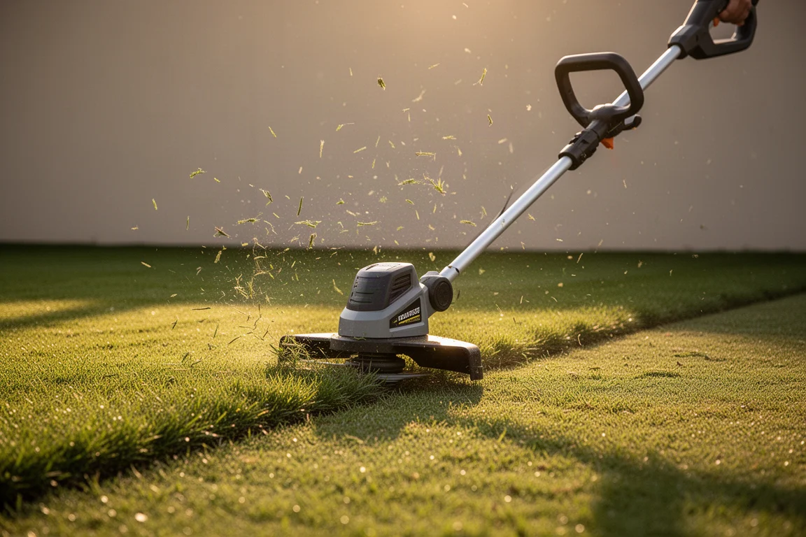 Grastrimmer snijdt een strakke rand langs het gazon in het gouden uur