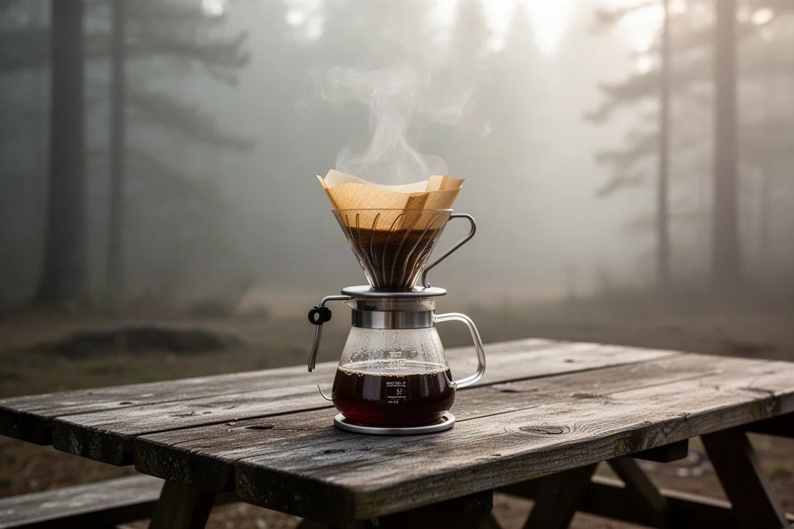 Pour over-koffie wordt buiten gezet naast een kooktoestel in zacht ochtendlicht