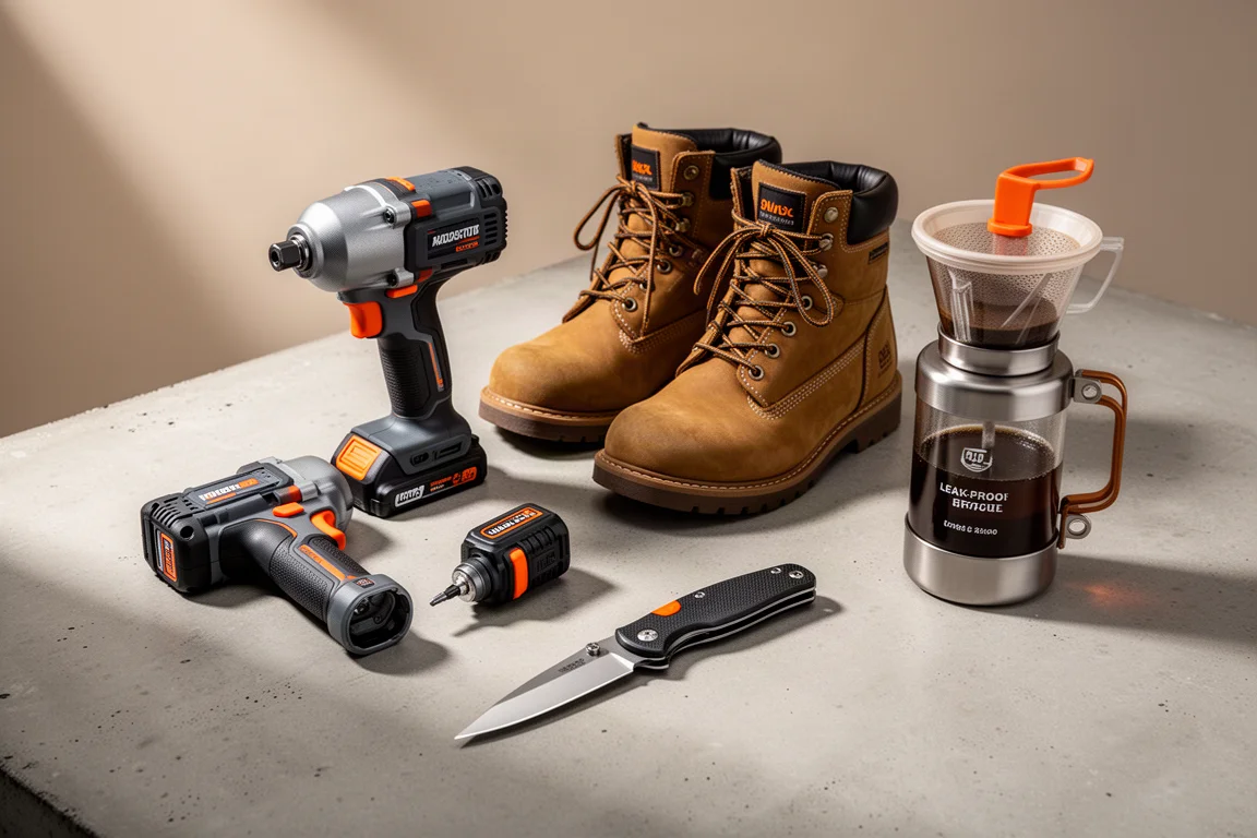 A curated arrangement of tools and outdoor gear on a concrete surface