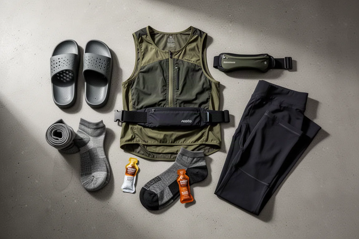 Flat-lay di regali per il trail running tra cui ciabatte, zainetto, cintura, calze, gel e leggings su cemento
