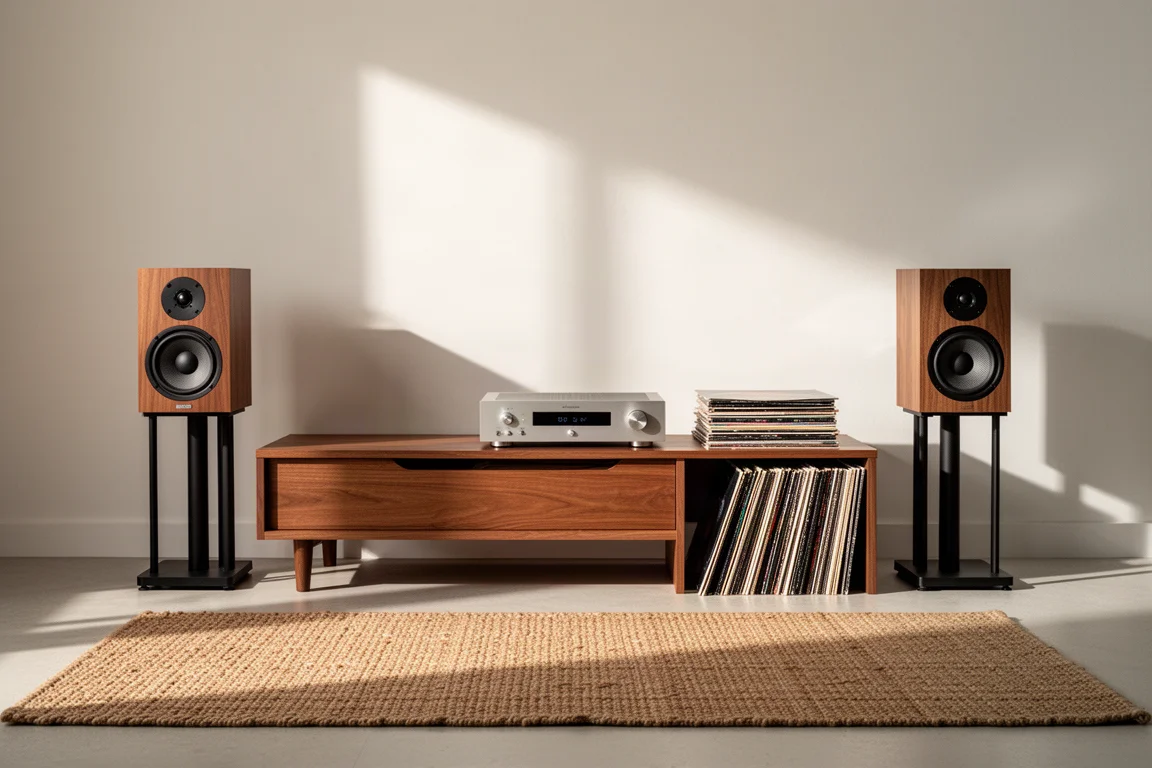 Rincón de escucha en el salón con altavoces de estantería, amplificador y discos de vinilo bajo la luz de la tarde