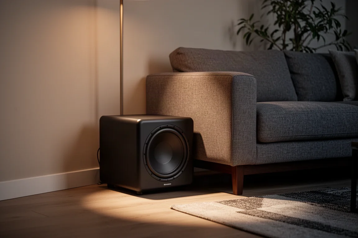 Subwoofer negro compacto colocado junto a un sofá de tela en un salón pequeño