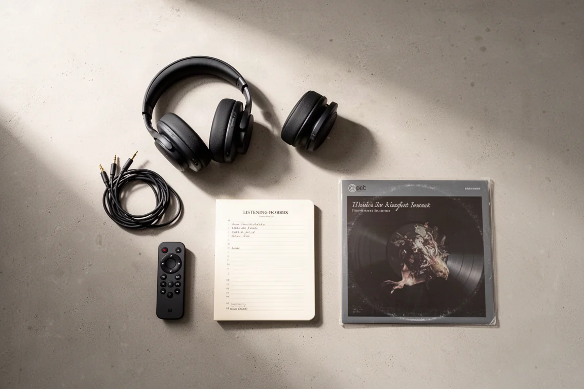 Vista cenital de auriculares, cables de altavoz, un mando a distancia y un disco de vinilo sobre hormigón