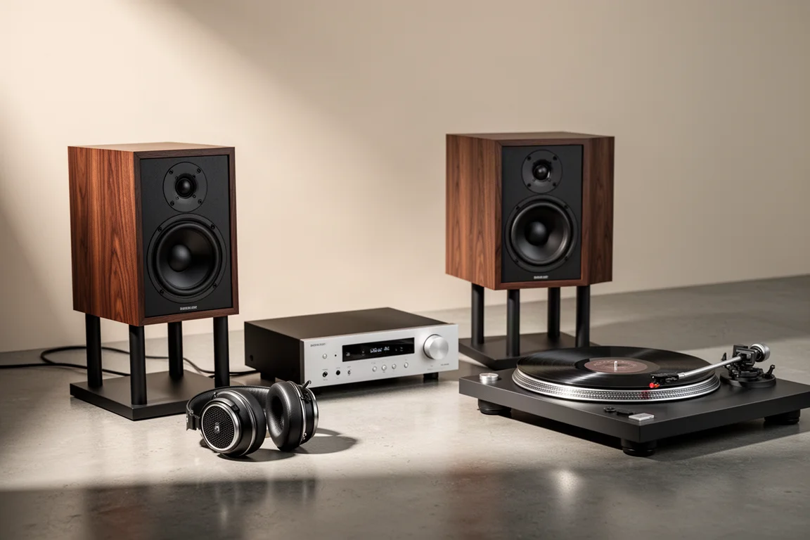 Home audio listening setup with bookshelf speakers, amplifier, headphones and turntable
