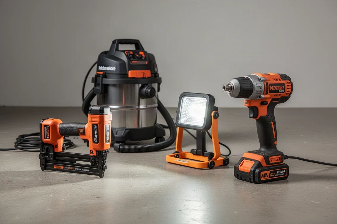 Cordless power tools arranged on a concrete workshop floor