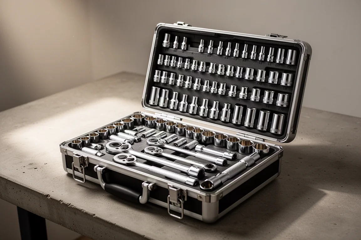 Open socket set case with organized sockets and ratchets on a workbench