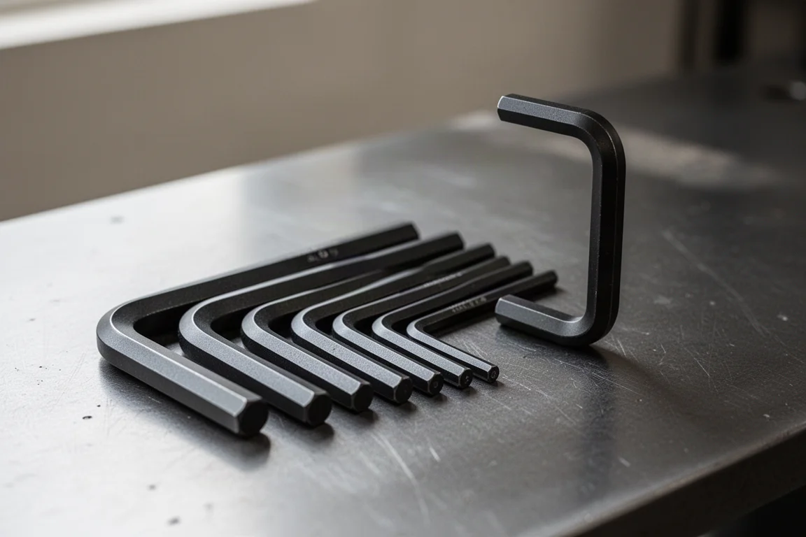 Compact all-metal hex key set fanned out on a dark workbench