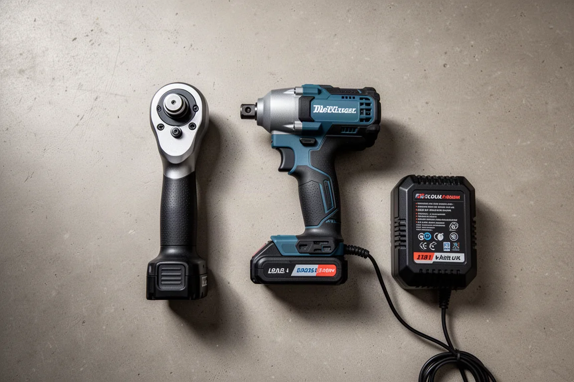 Cordless ratchet and impact wrench kit laid out beside a battery and charger