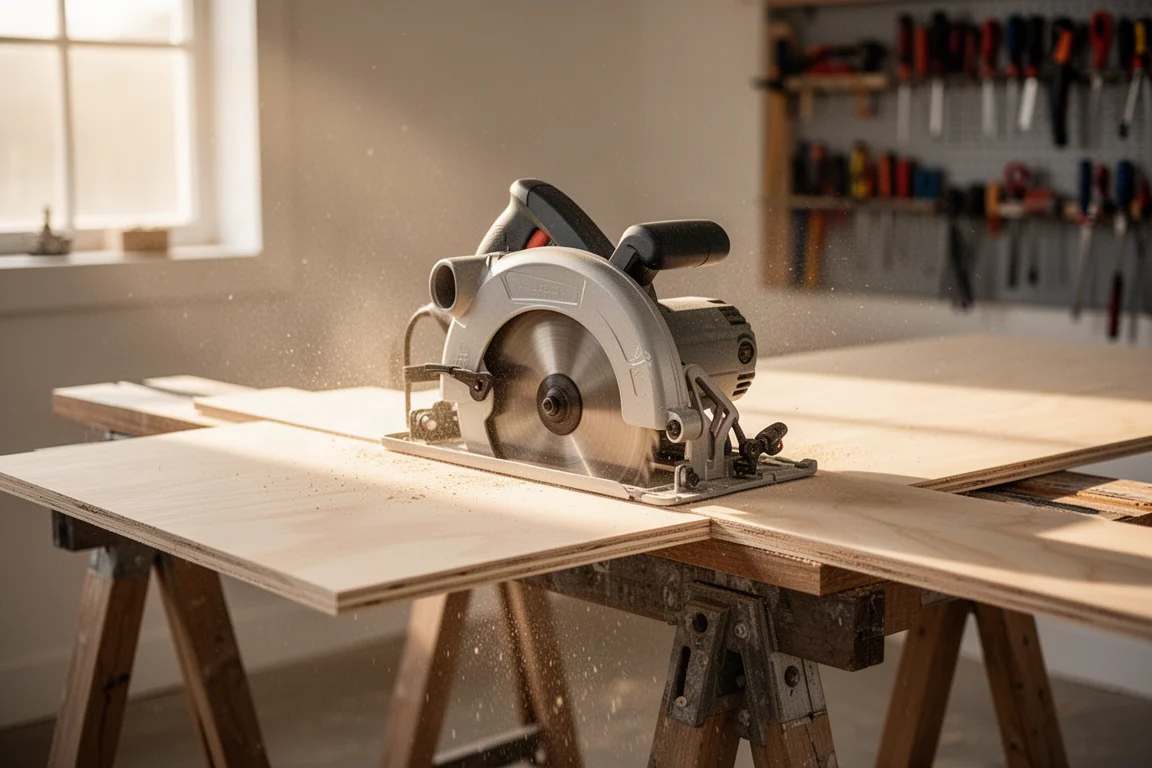 Carpenter cutting lumber with a rear-handle circular saw in a workshop