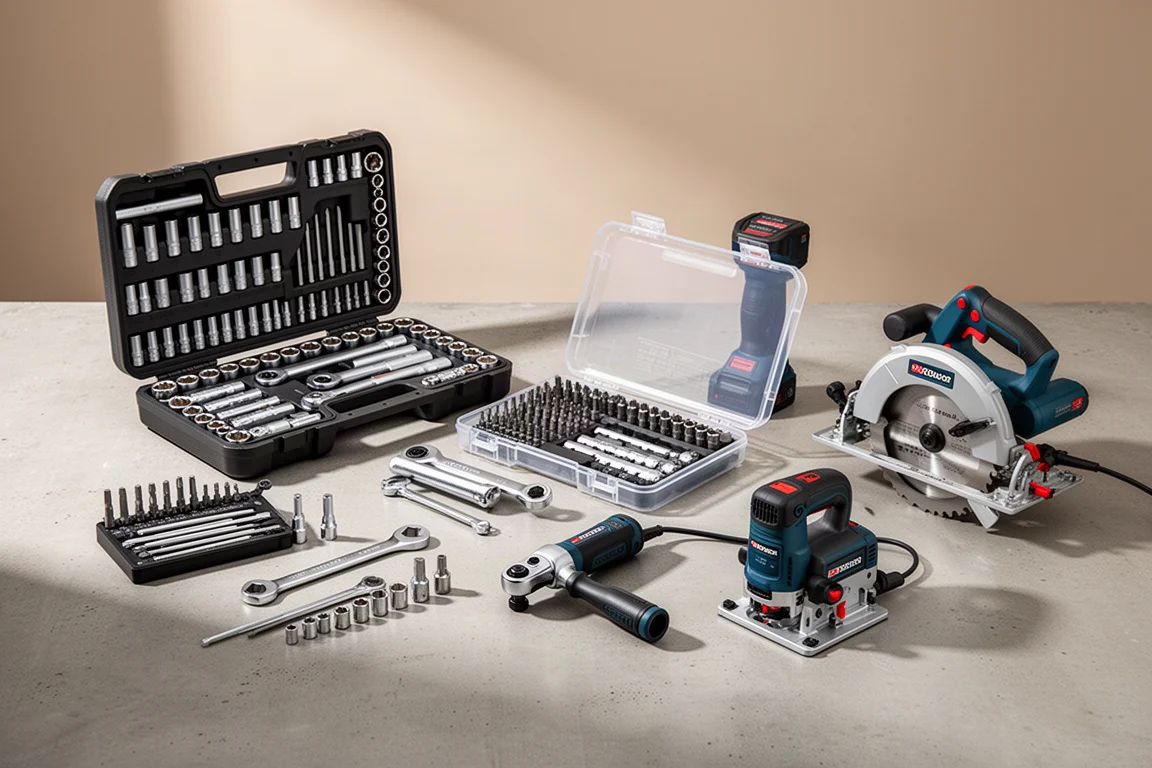 Assortment of tool sets and power tools arranged on a concrete surface