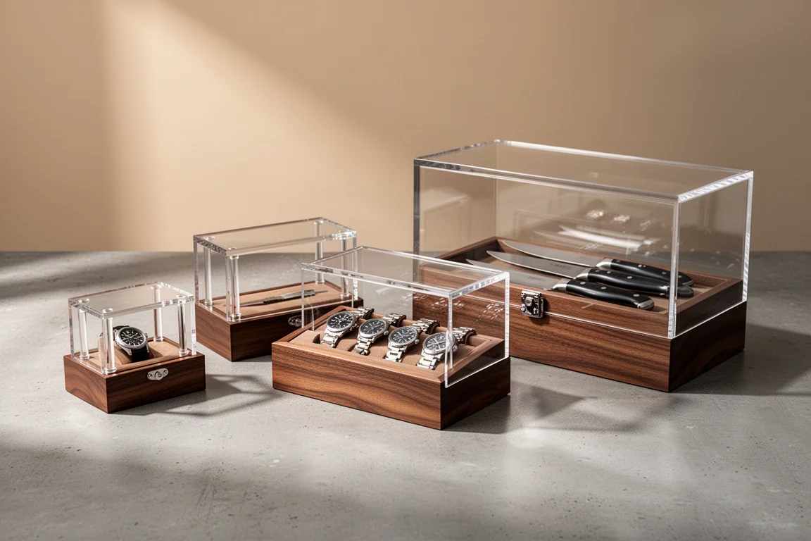Four walnut and acrylic storage boxes in increasing sizes on a concrete surface