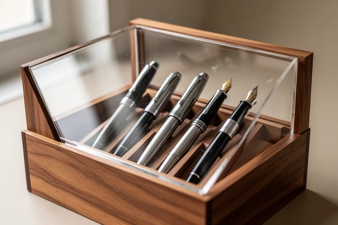 Tapa superior de exhibición de un estuche de madera para plumas con plumas fuente colocadas en vertical tras plexiglás