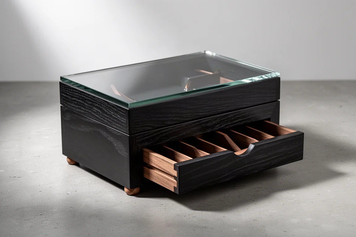 Black stained wooden pen case with plexiglass lid and open front drawer