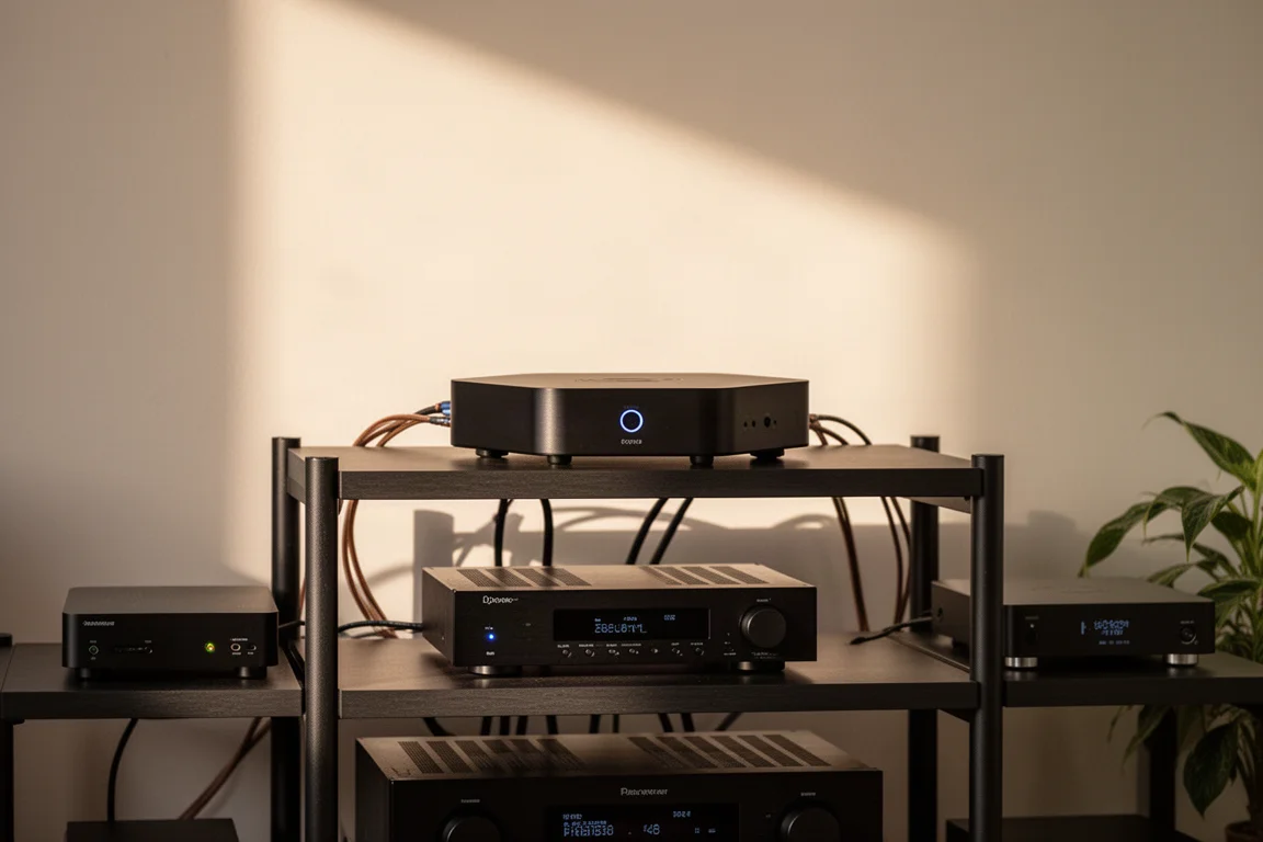 Kompakter schwarzer Konverter auf einem niedrigen Hi-Fi-Rack neben einem Streamer und Verstärker