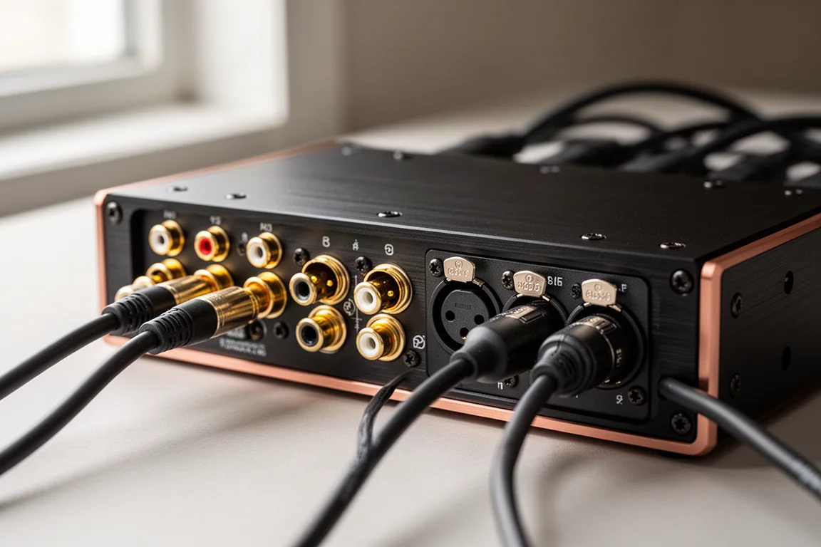Nahaufnahme der Rückseite eines Konverters mit RCA-Buchsen und verkabelten XLR-Anschlüssen