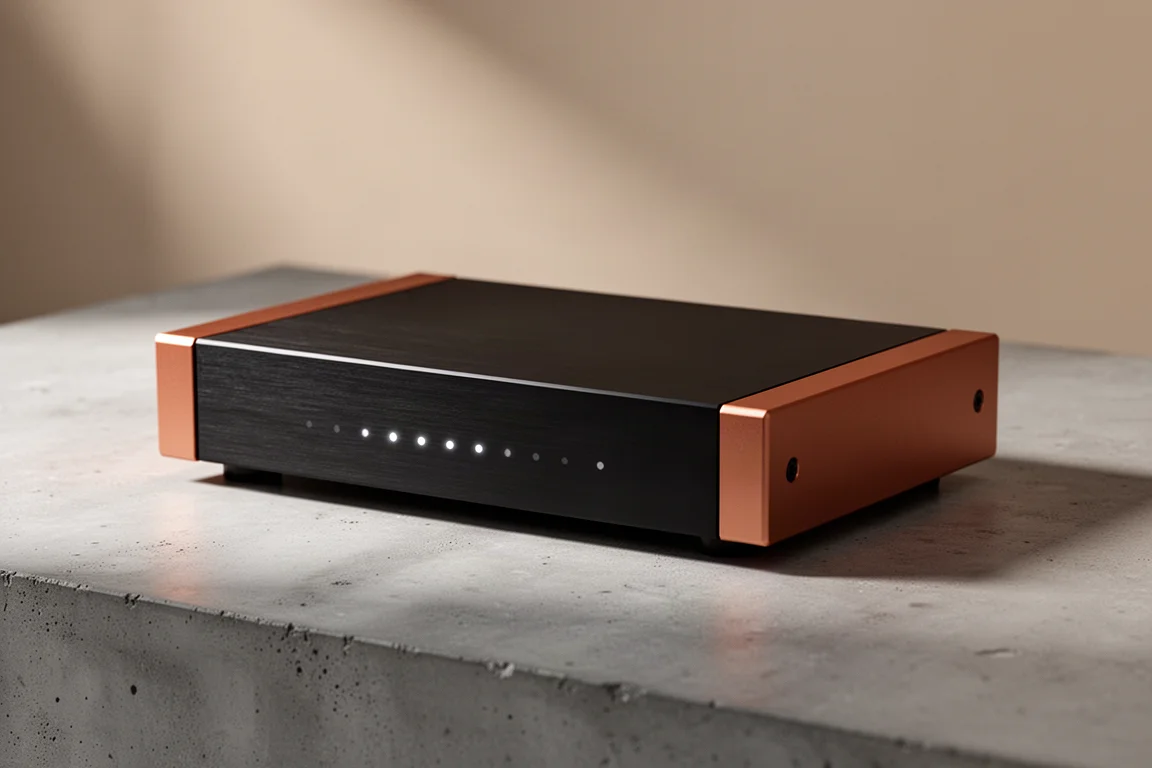 Slim black and copper desktop digital-to-analog converter on a concrete surface