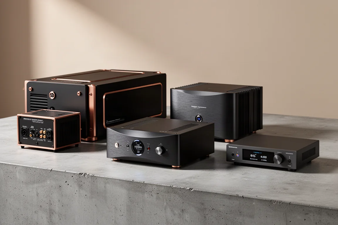 Three high-end audio components arranged on a matte concrete surface