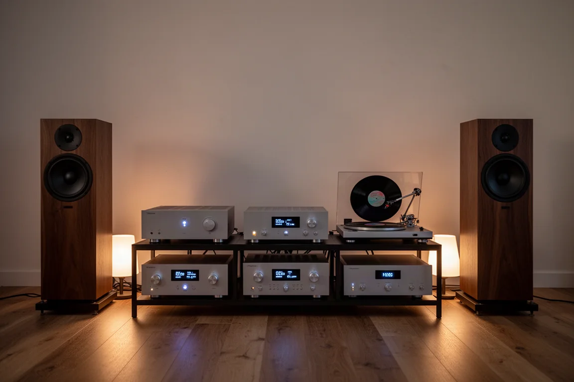Minimalistische luisterruimte bij schemering met een componentenrek, vloerstaande luidsprekers en een platenspeler