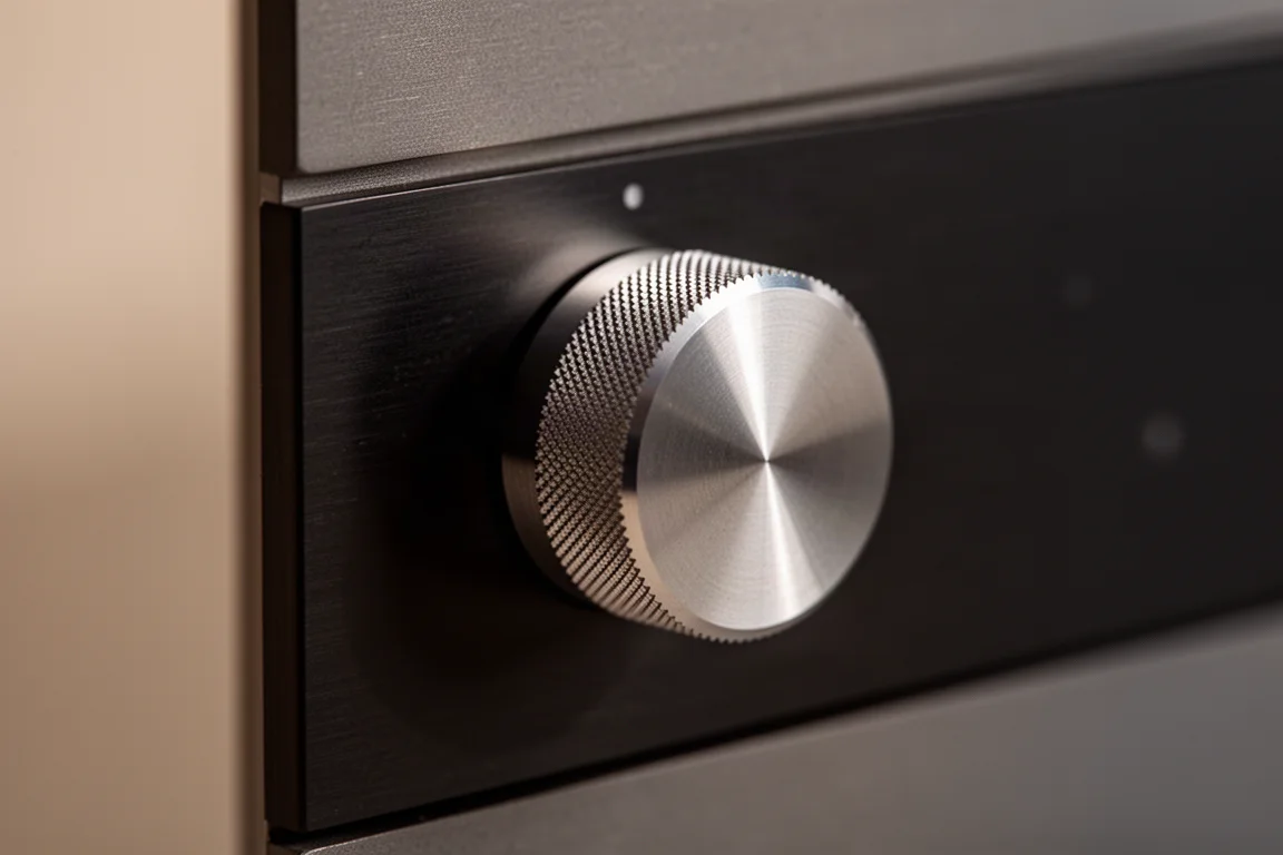 Close-up van een gefreesde aluminium volumeknop op een donker geanodiseerd frontpaneel