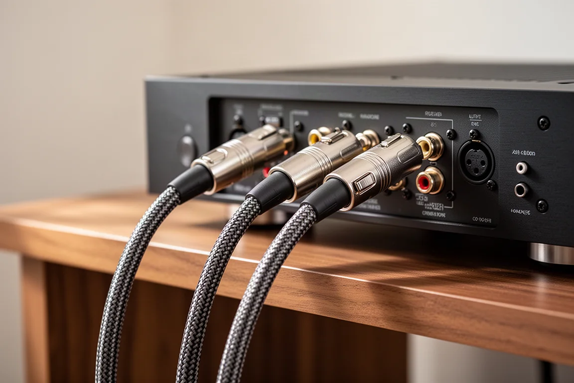 Gebalanceerde XLR-interlinkkabels aangesloten op het achterpaneel van een hi-fi-component