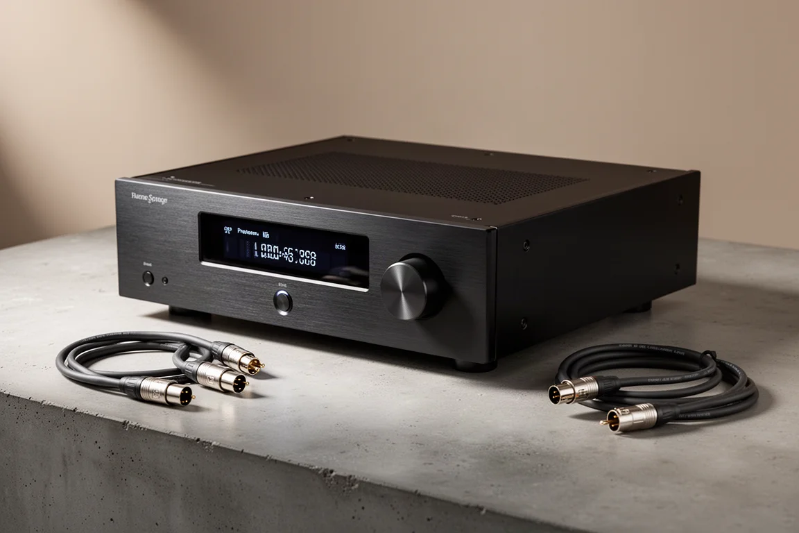 Holo Audio Serene KTE line stage preamplifier on matte concrete with XLR cables