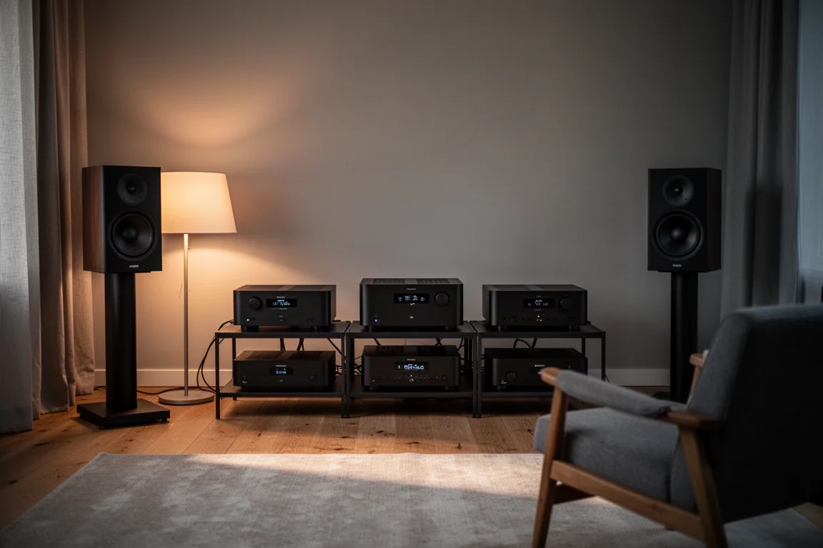 Hi-fi listening room at dusk with a rack of audio components and warm lamp light