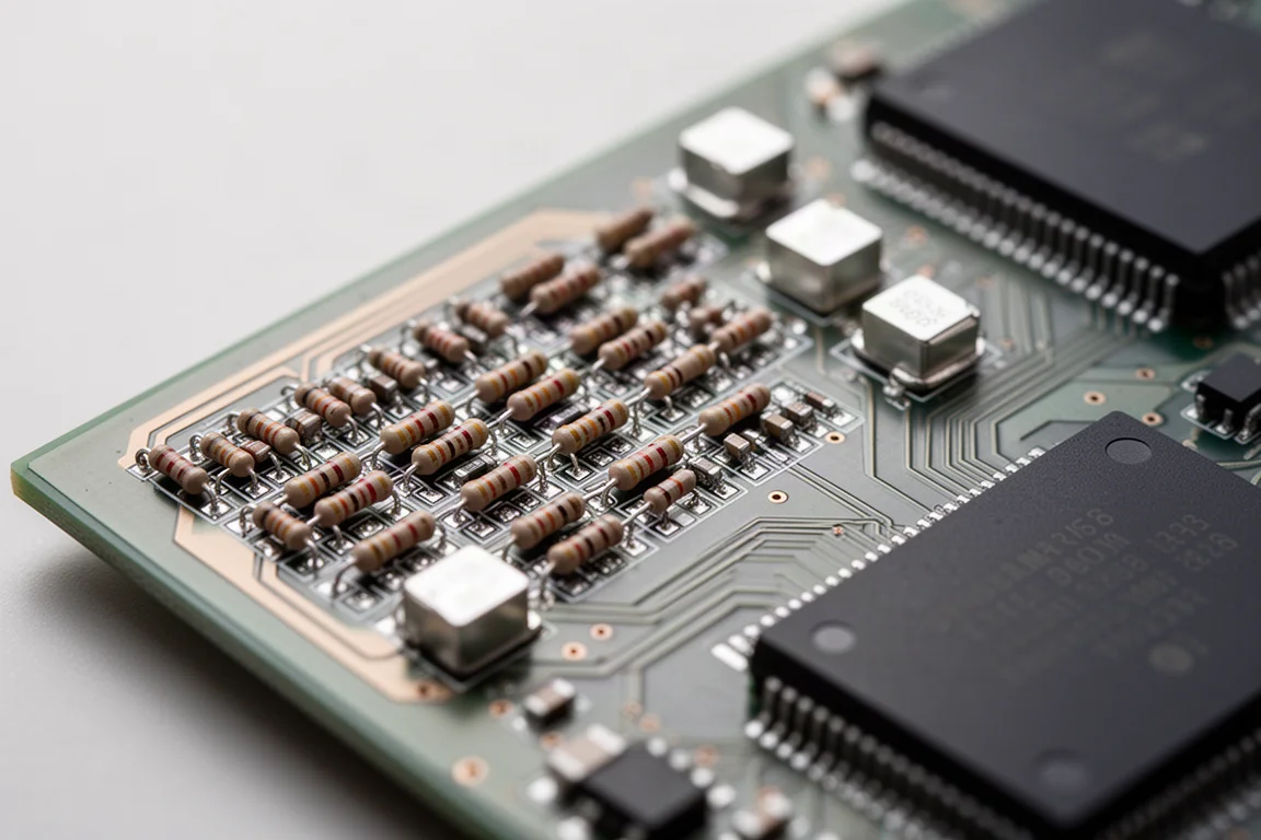 Macro detail of a circuit board with rows of tiny precision resistors