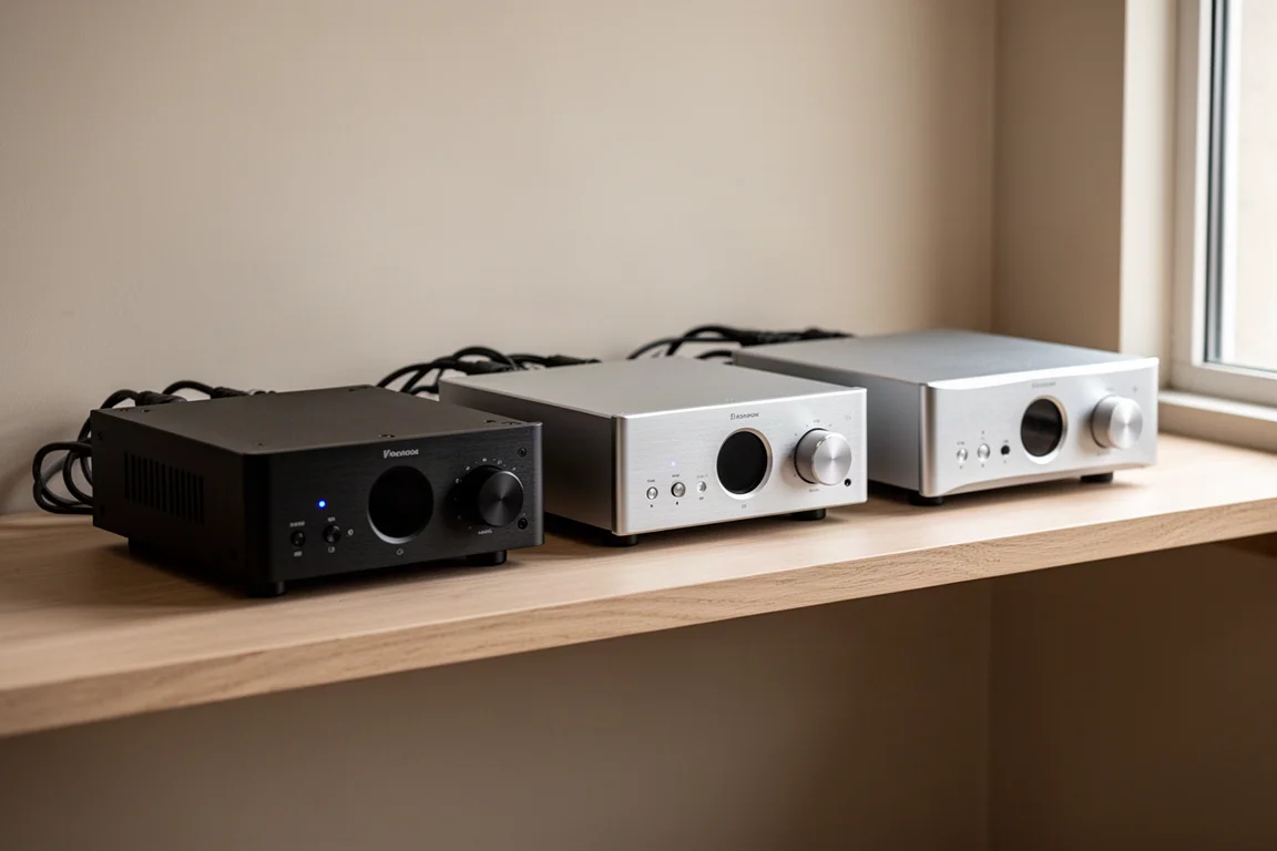 Three digital to analog converters lined up on a light wooden hi-fi shelf
