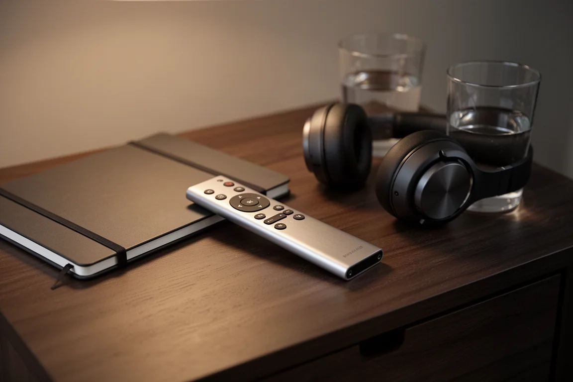 Machined aluminium remote control resting on a dark wood side table