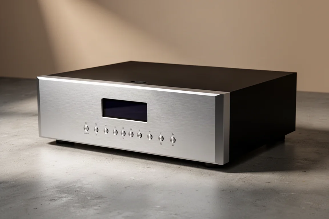 Full-width aluminium hi-fi digital to analog converter with brushed silver front plate