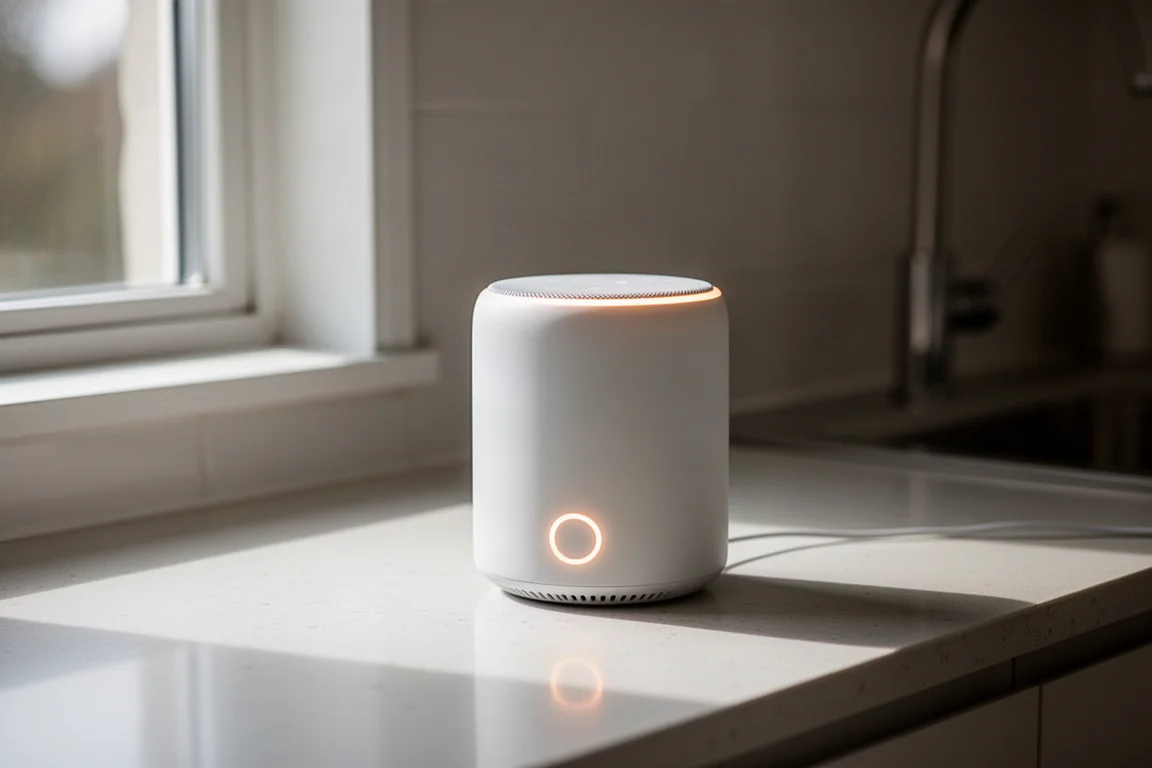 緊湊型智慧音箱放在廚房檯面上,LED 環形指示燈發光
